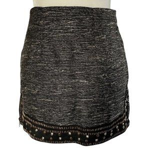 New English Rose Beaded Grommet Zip Hem Tweed Mini Skirt Black Gold Size Small